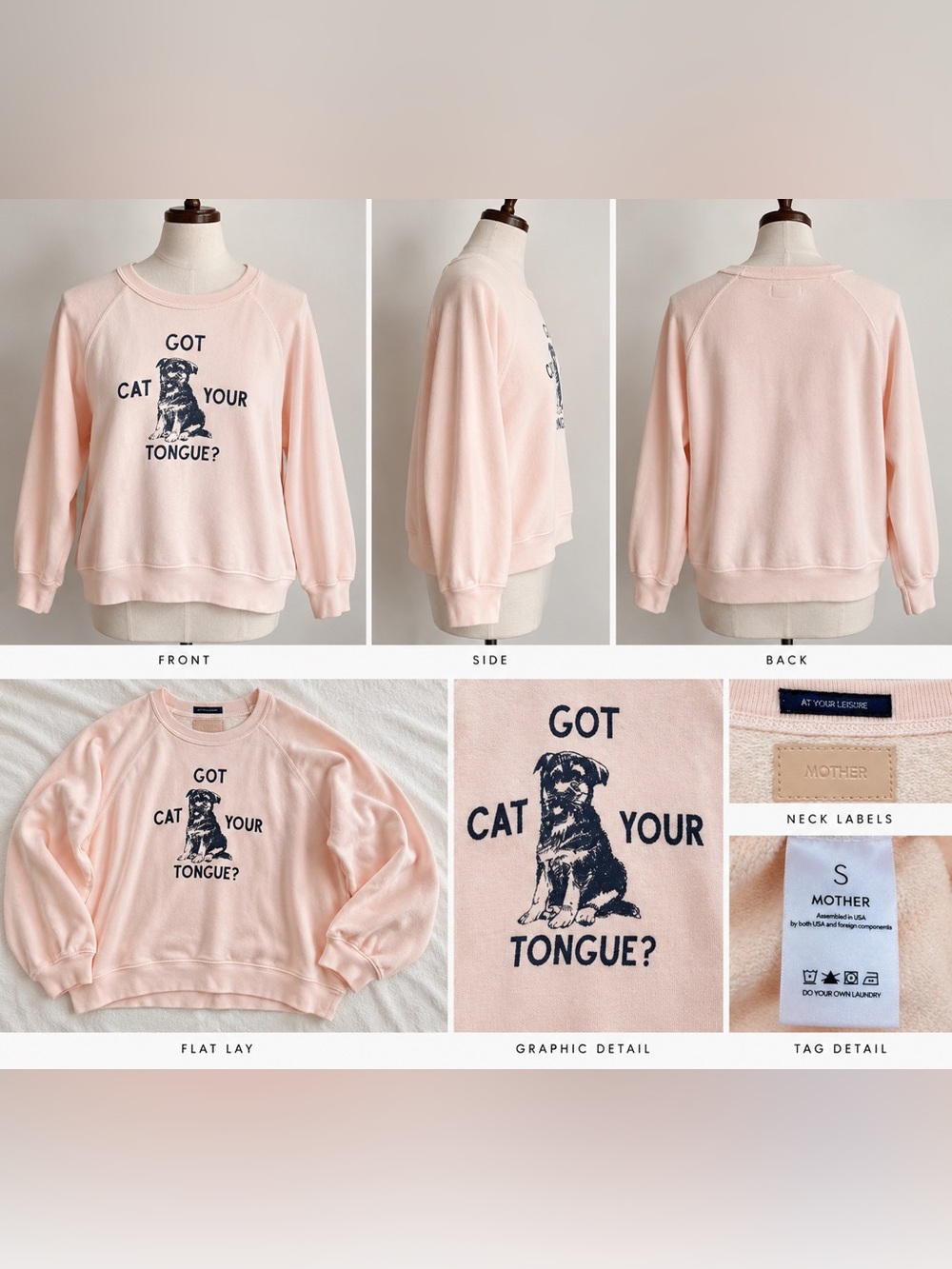 MOTHER The Biggie Concert Cat Got Your Tongue Dog Sweatshirt Pink - S